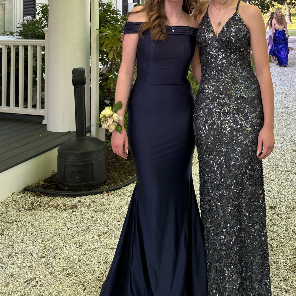 Navy blue off-the-shoulder prom dress